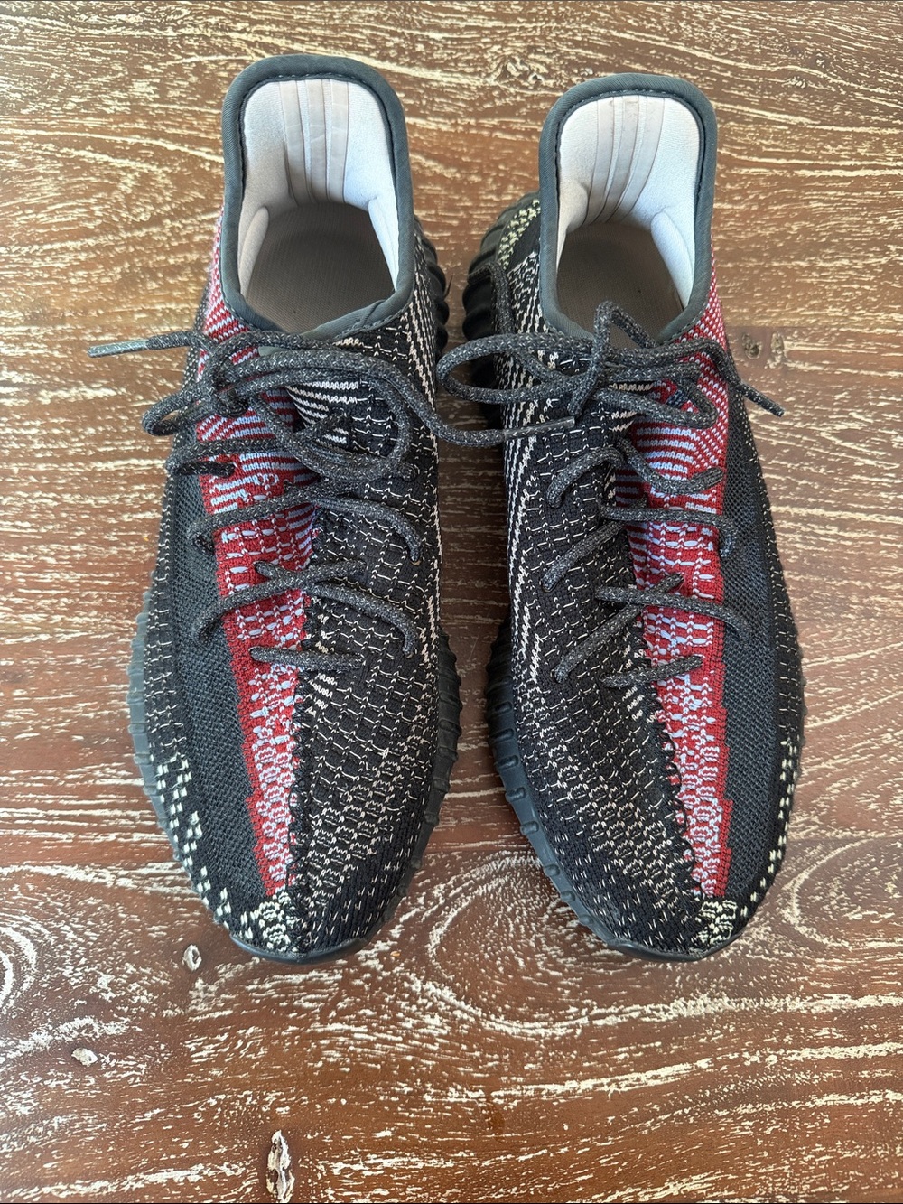 Yeezy Men's Black and Red Knit Lace-Up Sneakers